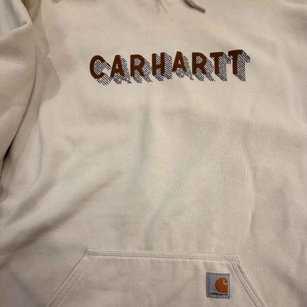 Carhartt Rain Defender Hoodie 2XL Tall Cream Loose Fit Logo Workwear Sweatshirt